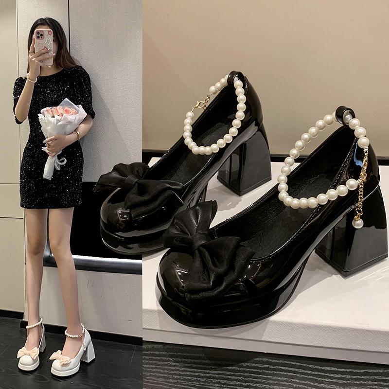 Fashion Mary Jane High Heels, Feminine Pearl Bow Small Leather Shoes,  Autumn New Style, Paired with Skirts and Worn Over A Single Shoe