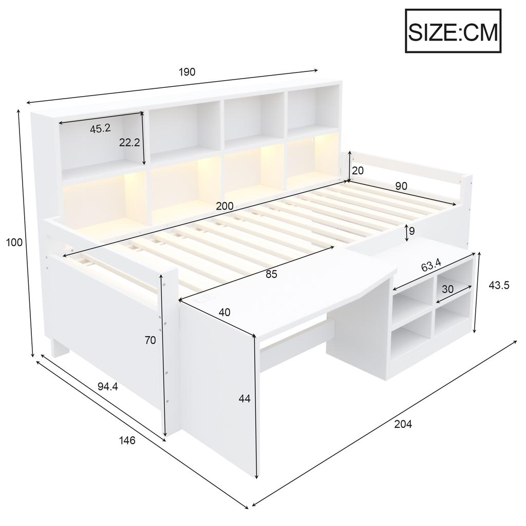 Children's Bed 90×200 Cm, Desk With Storage And Sockets, LED Light Strip And Multi-level Shelves, Single Bed Made Of Solid Wood, Youth Bed, White