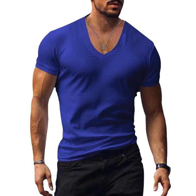 Summer Collection: Plain-coloured men’s slim-fit V-neck short-sleeved T-shirt – trendy brand top