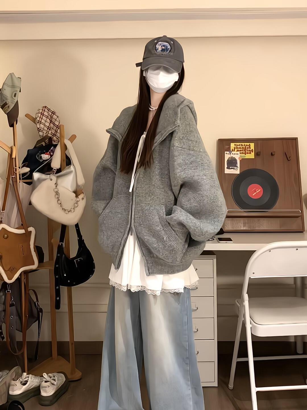 

Women s Hooded Knit Cardigan Coat | 2025 Lazy Korean Style Autumn Sweater XL 120-130 lbs сірий колір