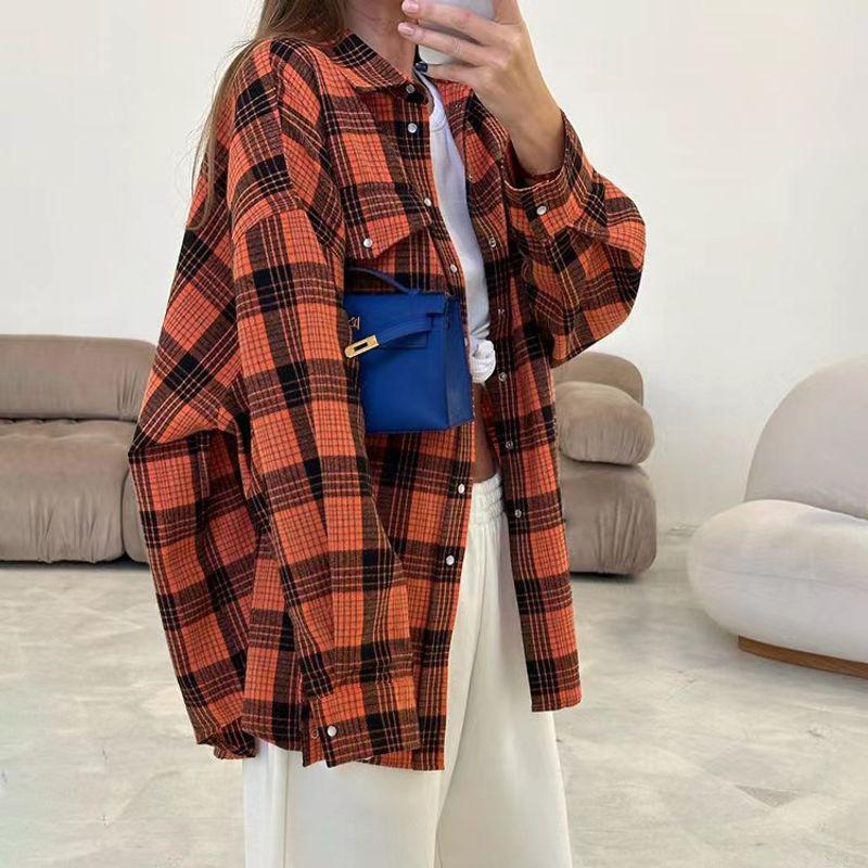 

European and American Leisure Plaid Lapel Loose Mid-Length Shirt Checkered Loose Fitting Shirt Orange S