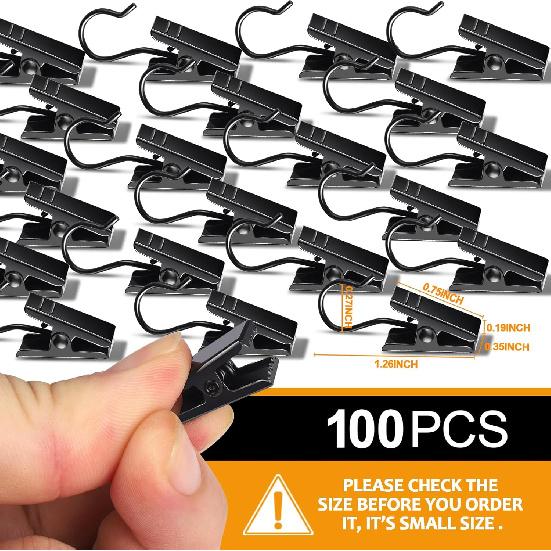 Teenitor 100 Pack Small Curtain Clips Curtain Hooks for Outdoor String Lights, Stainless Steel Clips for Hanging Curtain Hooks for Drapes, Black