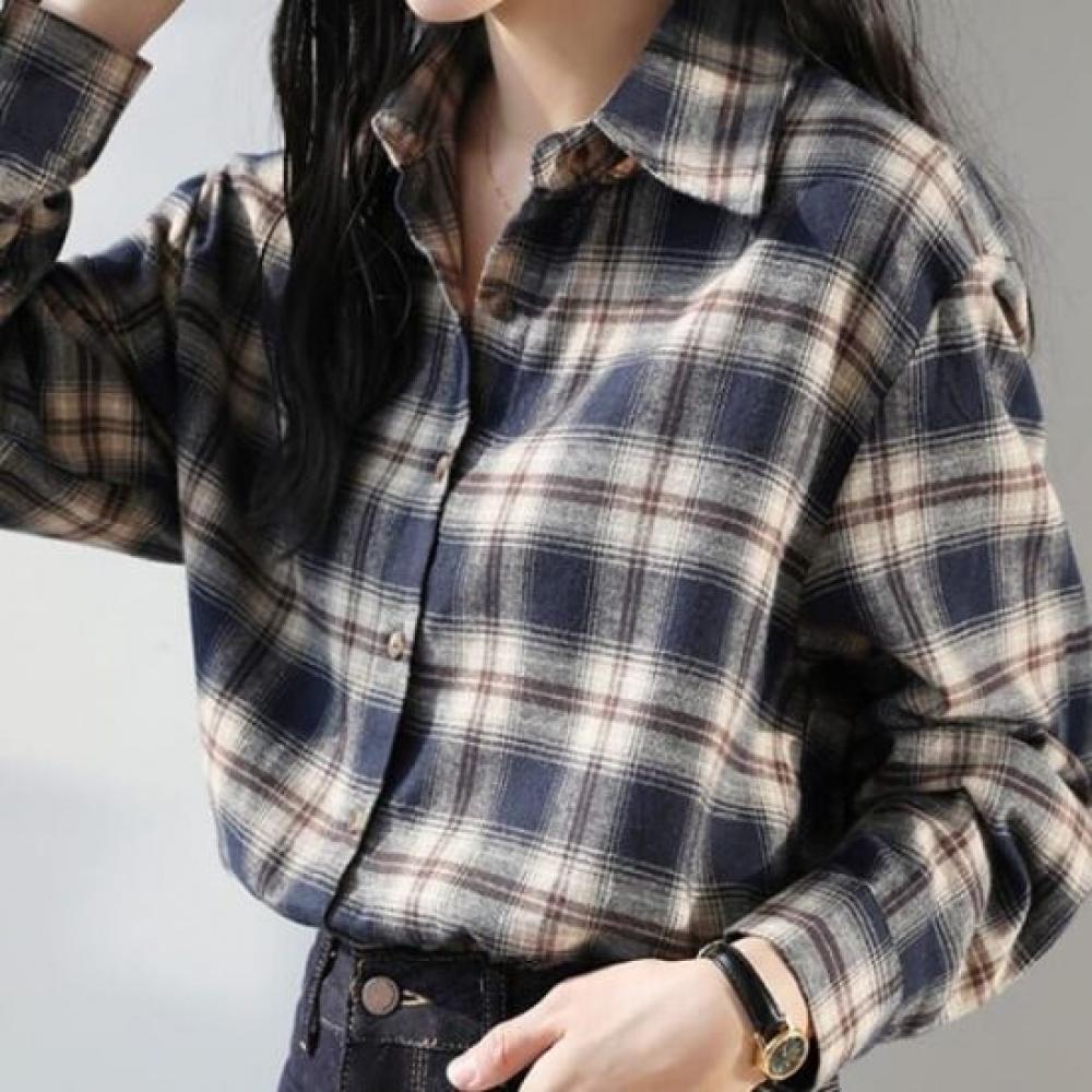 Navava Long Sleeve Retro Check Color Blouse Shirt Nb2989