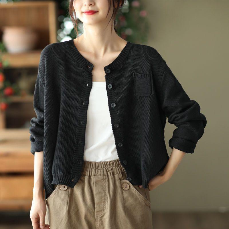 New Spring and Autumn Fashion Simple Round Neck Art Retro Knitted Cardigan Sweater Temperament Commuter Outwear Women's Top
