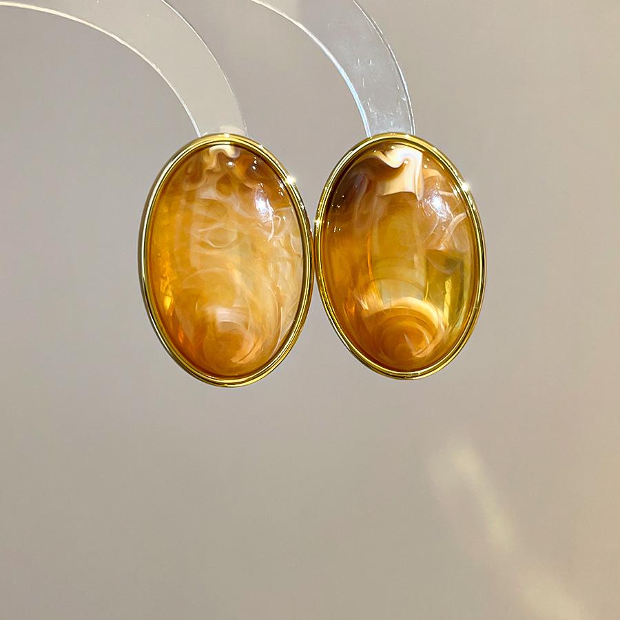 Retro Silver Needle Marbled Acrylic Oval Geometric Stud Earrings - Vintage Niche High-End Fashion Accessories for Women