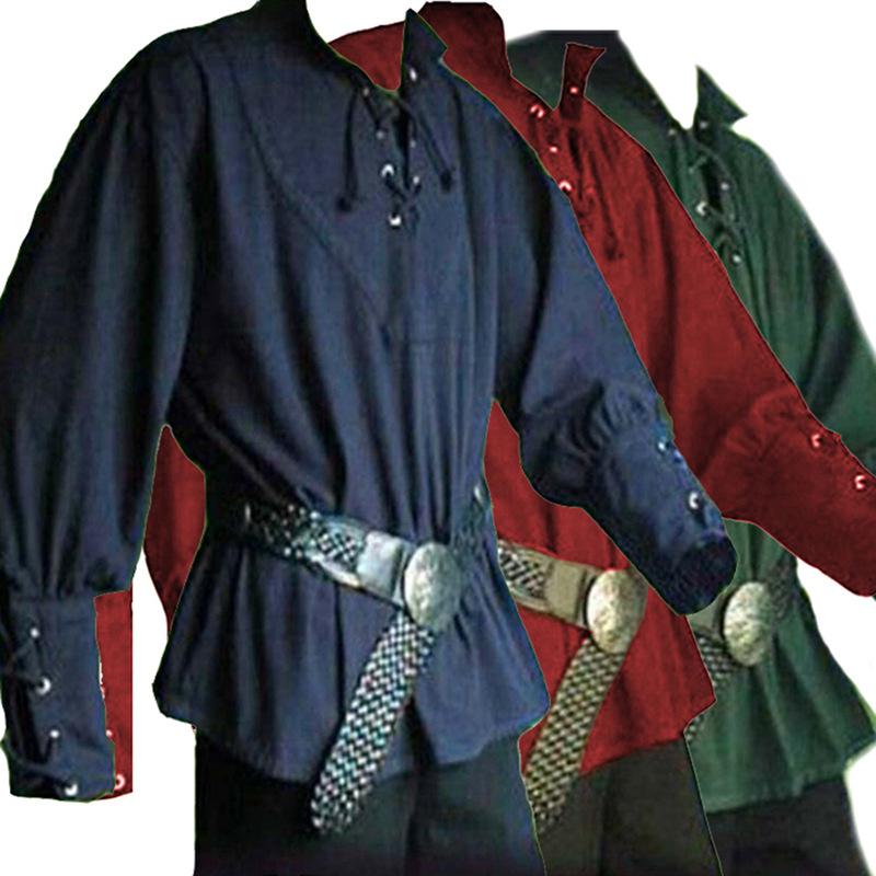 Średniowieczne Ubrania Męskie Retro Stójka Pasek Luźny Top Ubrania do Występów