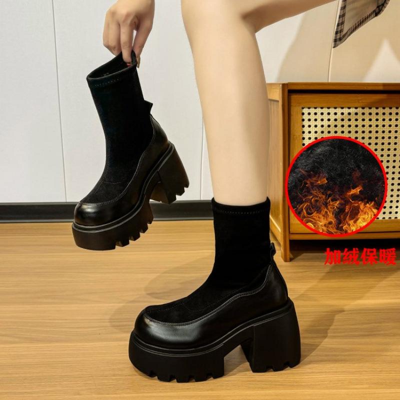 Thick-soled Medium Leather Boots Women's Autumn and Winter 2025 New Muffin Shoes Popular Fashion Short Boots Women's Thin Elastic Boots