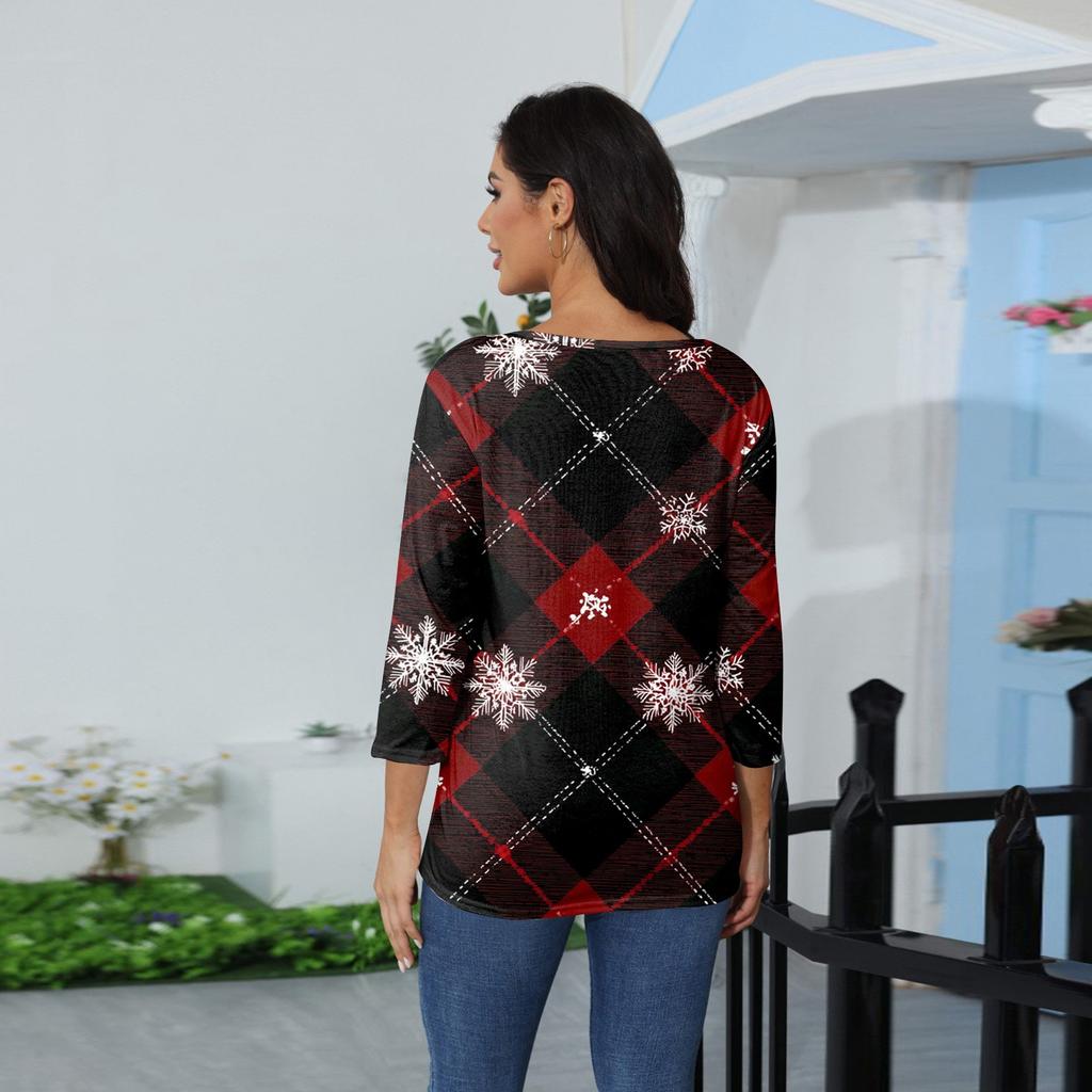3/4 Sleeve Shirts For Women Print Christmas Tees Blouses Casual Plus Size Basic Tops Pullover