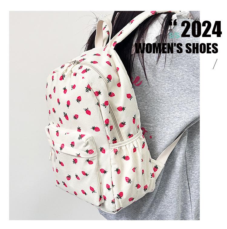 Korean Style Corduroy Strawberry Backpack for Trendy College Girls