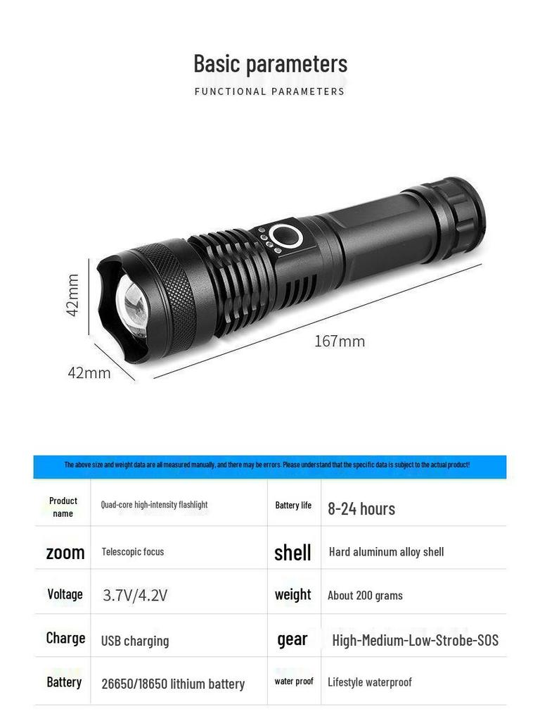 Waterproof Aluminum P90 High-Power Flashlight with Telescopic Focus and P70 Spotlight for Outdoor Use