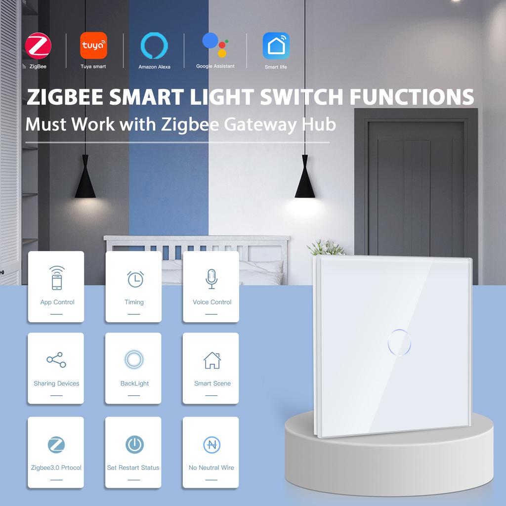 BSEED Zigbee 1/2/3Gang Touch Light Switches Tuya Smart Life App Control With Normal UK Standard Power Sockets 13A Glass Panel