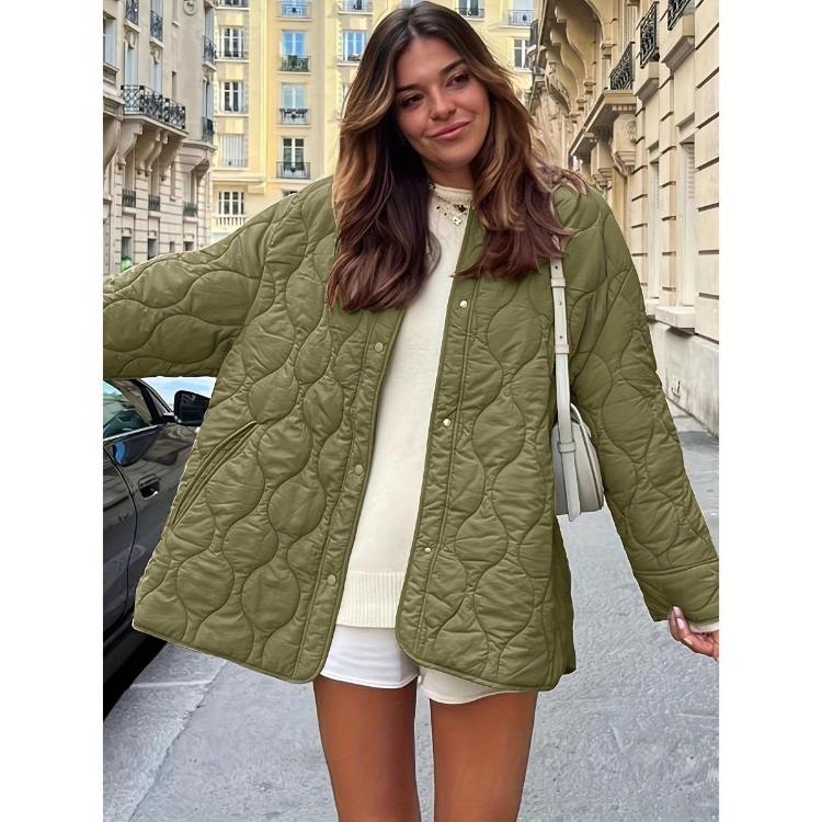 

New Autumn Winter Quilted Cotton Coat Loose Crewneck Solid Color Simple Style European American Wholesale S армия зеленый