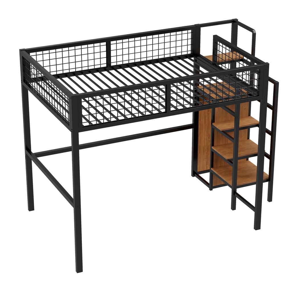 Letto a soppalco 140*200 con scaletta, letto per bambini con struttura in ferro e mensola portaoggetti, armadio nero (Vecchio SKU LDB00198AAB)