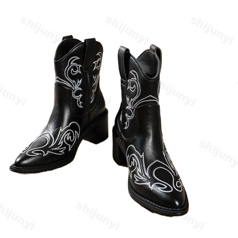 Fashion Woman Western Cowboy Knight Boot Embroidered High Heel Cowgirl Boot Women's 2025 Autumn Pointed Toe Thick Heel Chelsea Boots