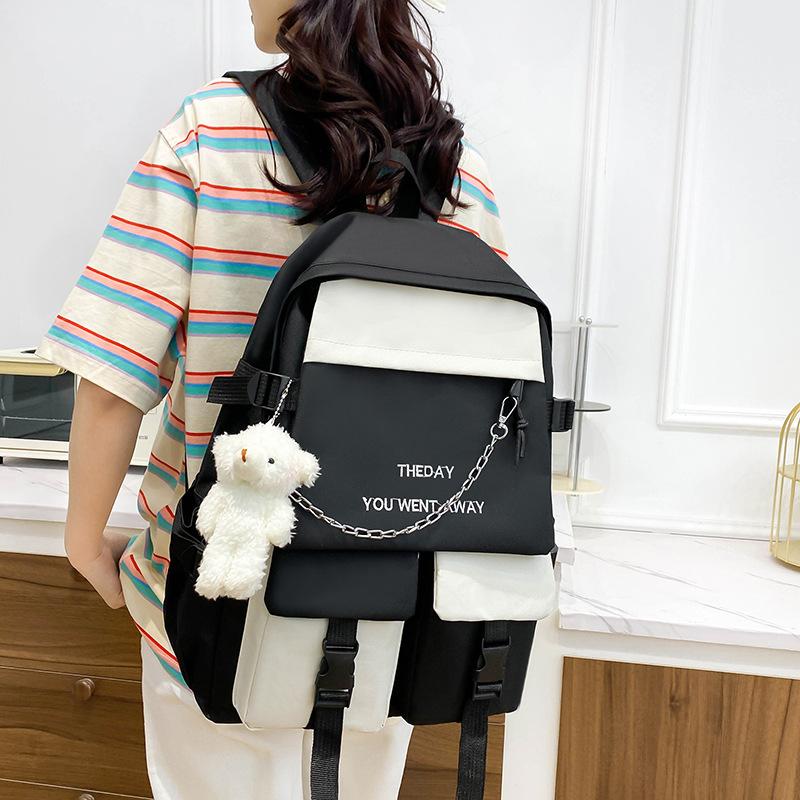 Zaino per la scuola media con ciondolo a forma di orso Zaino per il campus ad alta capacità Colore a contrasto Uomo Donna Zaino da 5 pezzi Borsa a tracolla Borsa a tracolla Astuccio