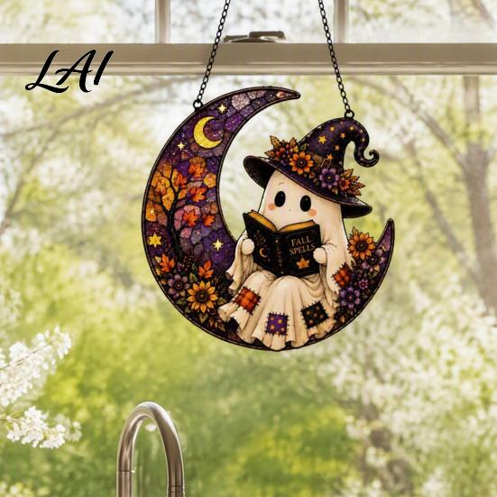 Creative Gift for Family 2D Ghost Moon Pumpkin Acrylic Suncatcher Halloween Window Holiday Friends Hanging Ornament Autumn Thanksgiving Garden Yard