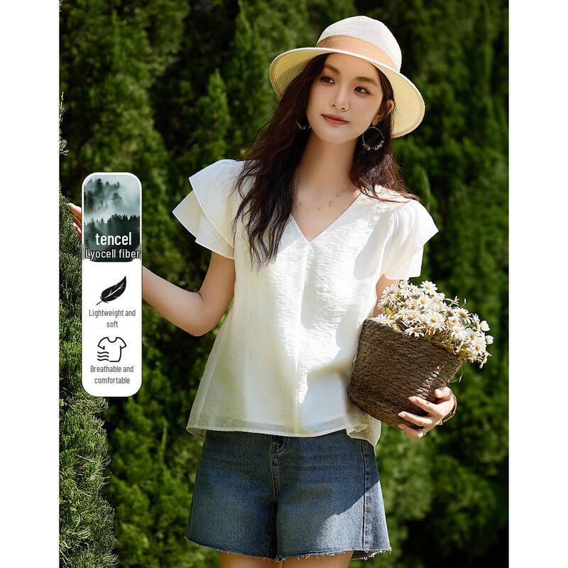 Demana Women s Lyocell Blend V-Neck Flutter Sleeve Shirt S