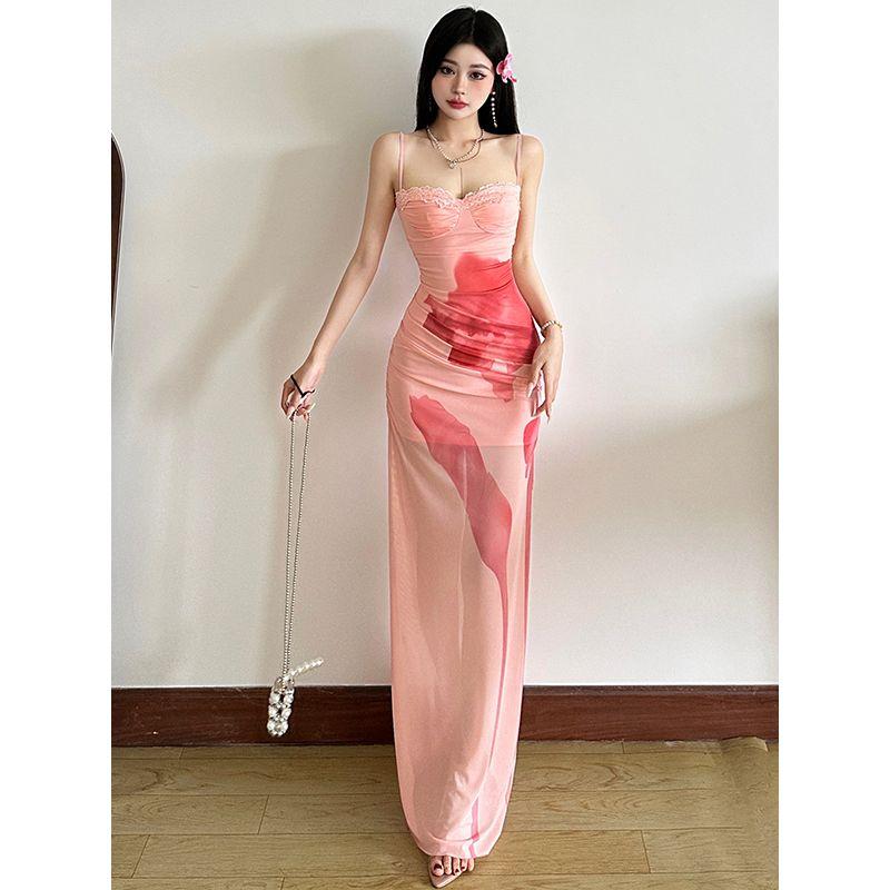 # Sisjuly# Sweet Girl Pink Demon Vacation Production Suspender Skirt Women Mesh Long dress Dress Fashion