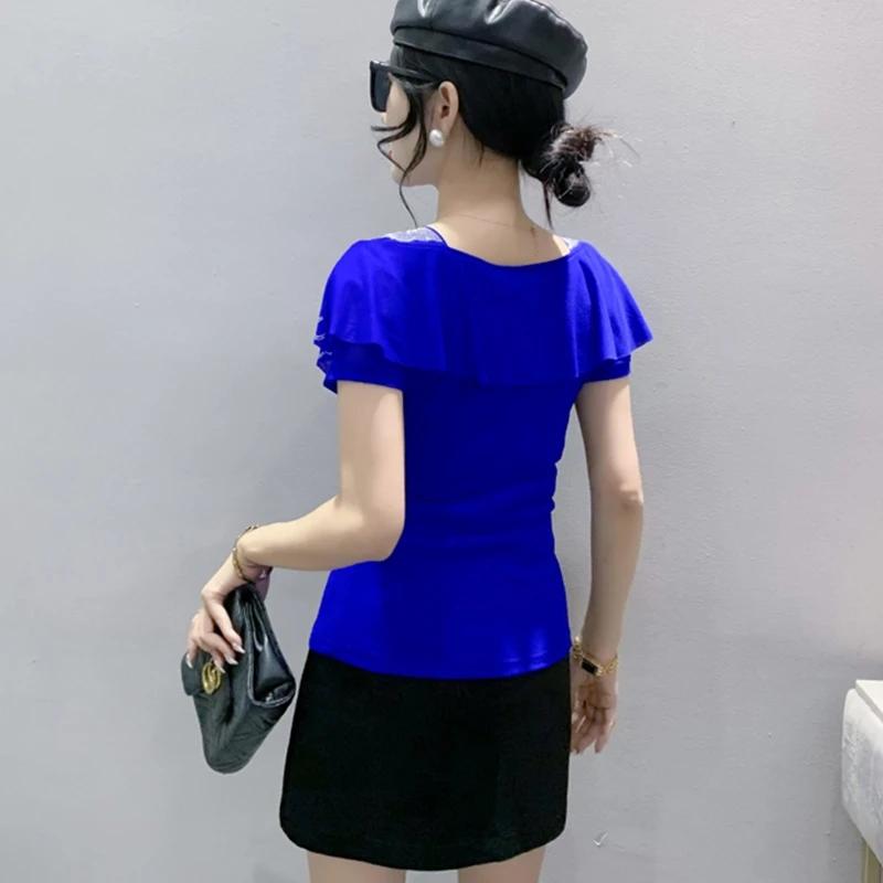 Summer Ruffles Hot Diamonds Square Collar T-Shirts Women Short Sleeved Mesh Tops Shirts Streetwear Girl Fashion Tees Blouse