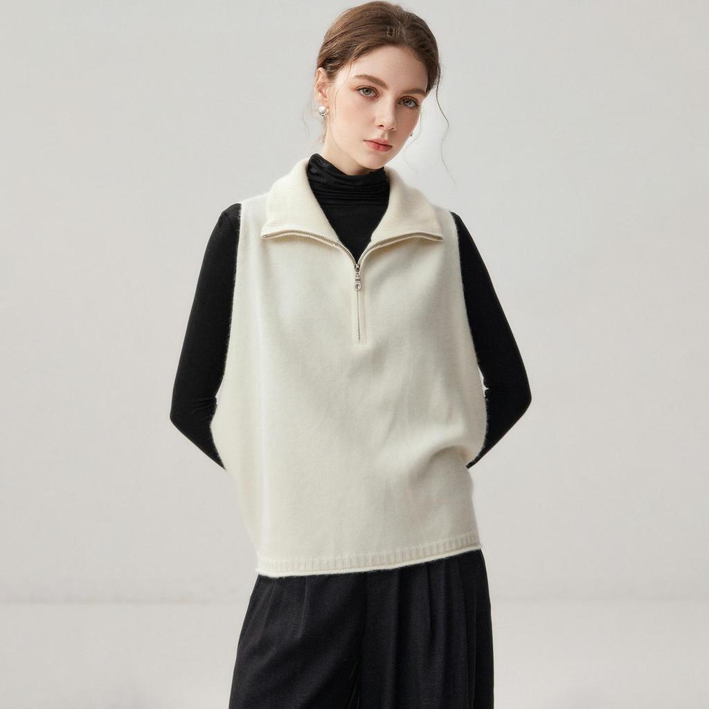 Women's High Neck Cashmere Knit Vest, Half Zip & Sleeveless, Versatile Autumn/Winter Sweater, Cardigan, Shawl Cape.