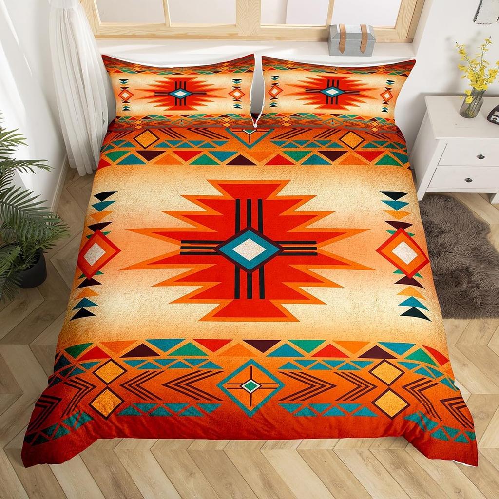 Geometric Aztec Duvet Cover Twin Queen Size,Horseshoe Cactus Western Cowboy Bedding Set,Southwest Rustic Farmhouse Quilt Cover