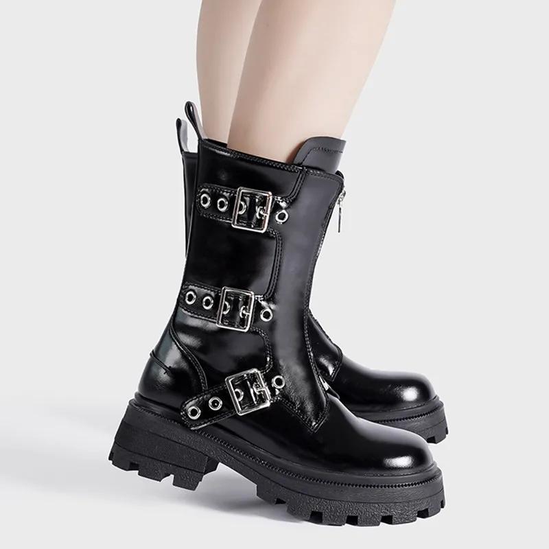 Fashion Rivet Belt Buckle Chunky Heeled Leather Ankle Boots Women Fall Winter Platform High Heels Punk Motorcycle Boots Shoes