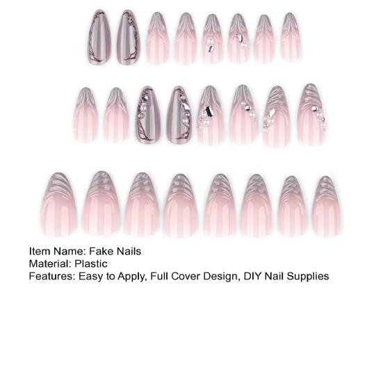 24 Pcs Water Ripple Press On Nails for Faux Pearl Almond Stick-On Fake Nails