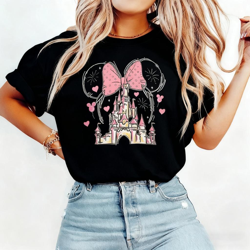 Minnie Mouse Castle Shirt Magic Kingdom Family Printed Womens Short Sleeve TShirt American Vintage Fashion Streetwear Cotton