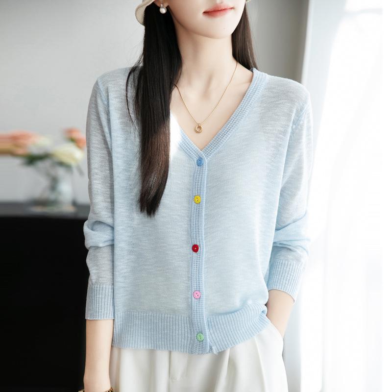 

Летний тонкий кардиган из льна с бамбуковыми вставками, V-образным вырезом, легкий однотонный свитер, универсальная рубашка для кондиционирования воздуха, куртка от солнца XXL синий