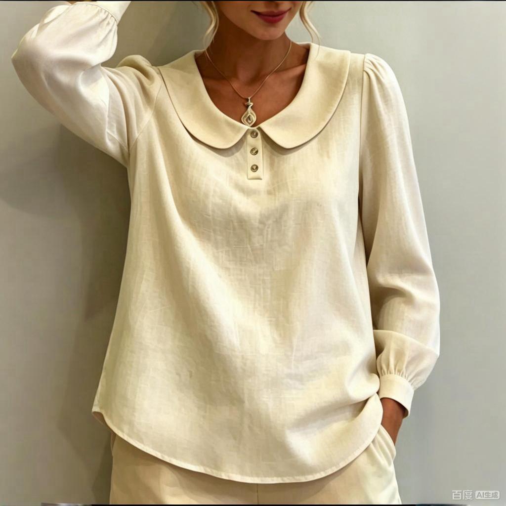 Women Long Sleeve Blouse Loose Fit Peter Pan Collar Shirt Breathable Puff Sleeve Top Casual Workwear