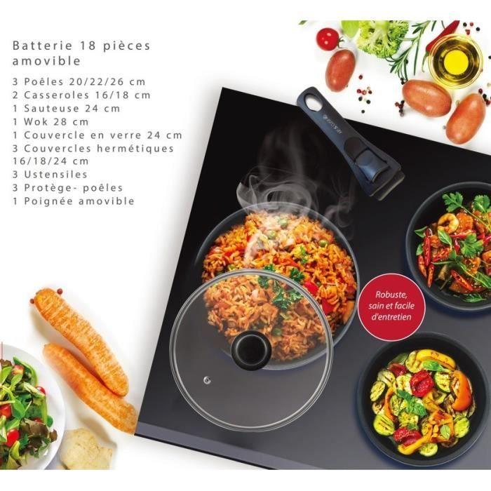 Batterie de cuisine - Tous feux dont induction - ART &amp; CUISINE - AC1824 - Aluminium - 18 pièces - Anti-adhérent - Poignée amovible