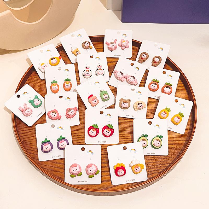 Summer Cartoon Cute Fruit Anthropomorphic Q Version Fun Girl Stud Earrings Peach Cow Flowers