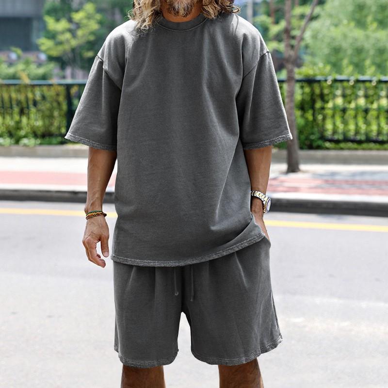 Sommer Herrenanzug Einfache Einfarbige Lässige Lockere Übergröße Kurzarm T-Shirt Shorts Hiphop Mode Herrenbekleidung 2 Stück