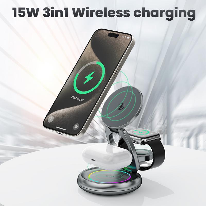 4 in 1 Foldable Magnetic 15W Wireless Charger Station with LED Ambient Light for iPhone 15 14 13 Pro/Max/Plus and Apple Watch
