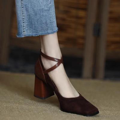 Spring and Autumn New Square Toe Thick Heel Retro Matte Sexy Trendy Cross Buckle Women's Shoes