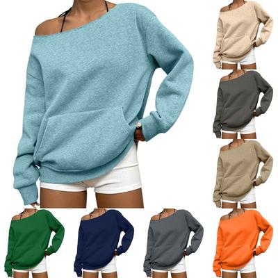 Damen Casual Mode Einfarbig Schulterfrei Langärmlig Lockeres Sweatshirt mit Taschen