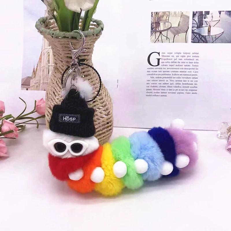 Rex Rabbit Colorful Caterpillar Plush Bag Pendant Keychain Creative Cute Female Mink Jewelry Gift