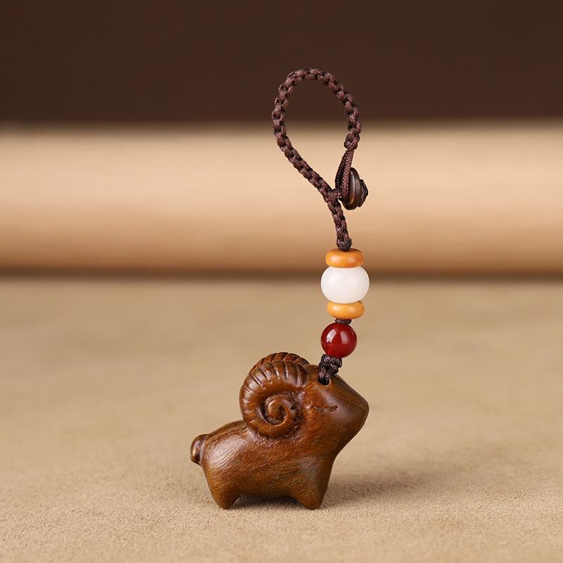 Sandalwood Zodiac Keychain Pendant with Three Sheep Design