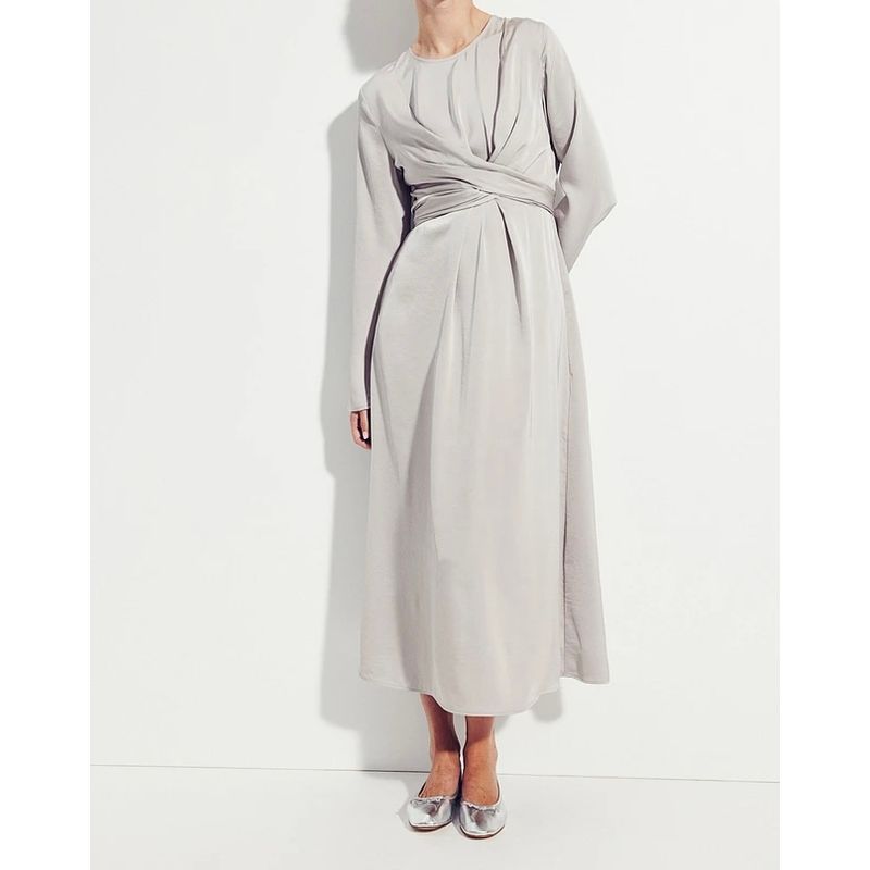 

Foreign Trade Order H Home Slim fit Slimming Casual Long sleeve round Neck Smooth Fabric Fashion Elegant Lace up Big Hemline Dress Light gray horn sleeve XS