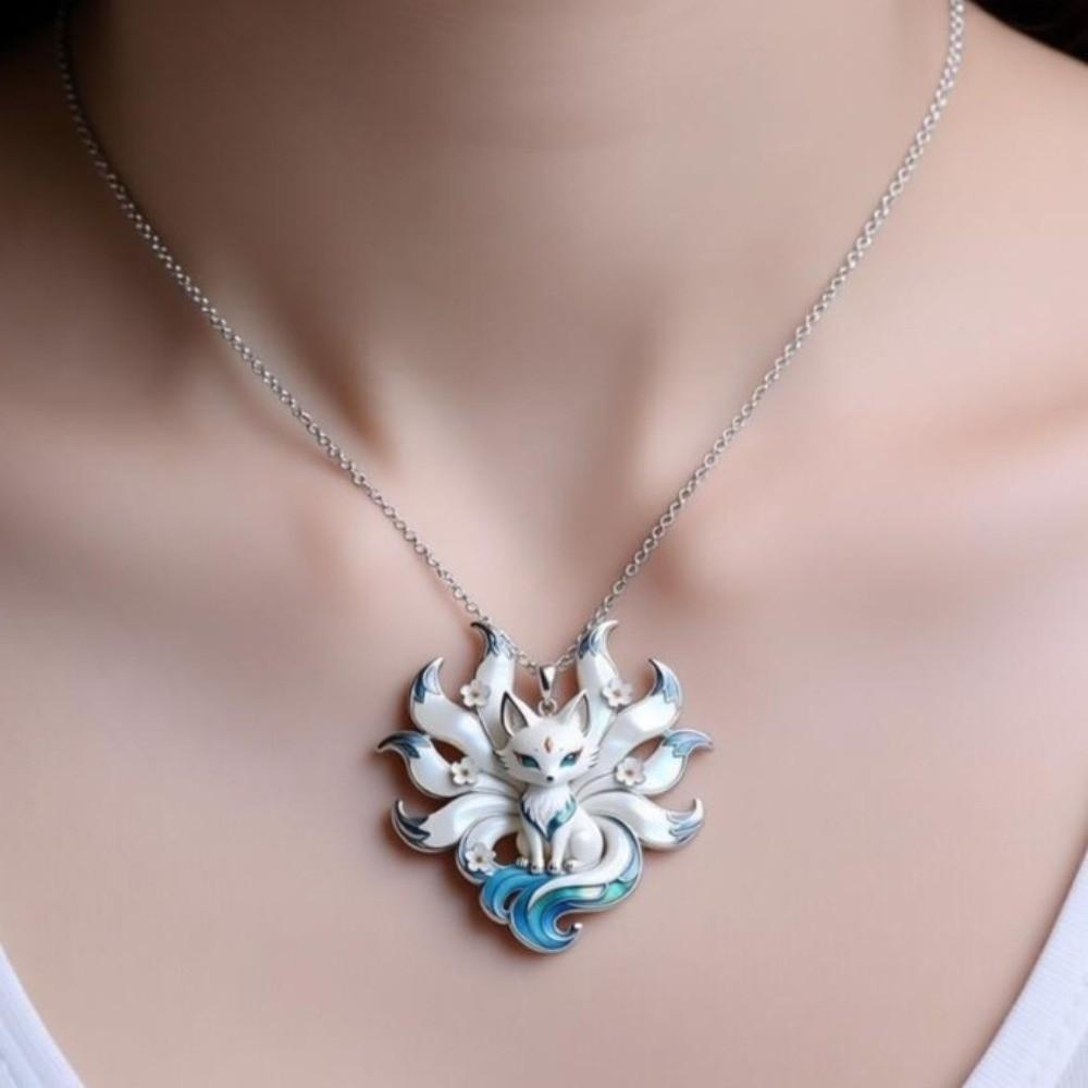 Silver Tone Chain Nine-Tailed Fox Necklace Guardian Charm Pendant Spiritual Jewelry