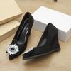 New pointed square buckle rhinestone black high heels women's fine heel temperament versatile single shoes shallow mouth