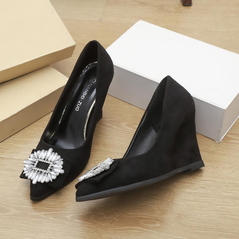 New pointed square buckle rhinestone black high heels women's fine heel temperament versatile single shoes shallow mouth