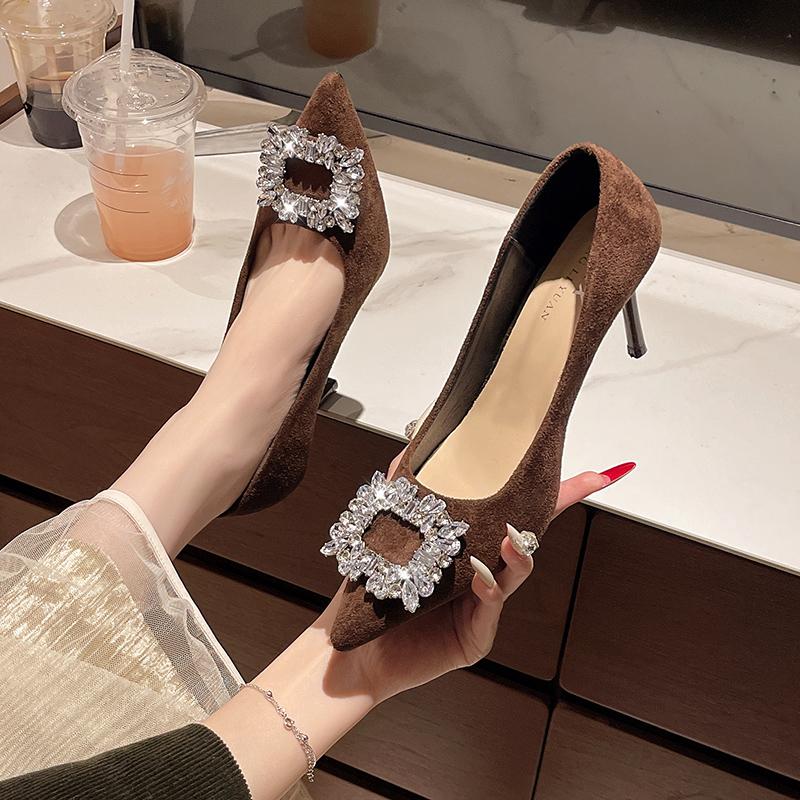 

Rhinestone Square Buckle High Heels New French Sexy Pointed Toe Shallow Mouth Stiletto Single 34 коричневый