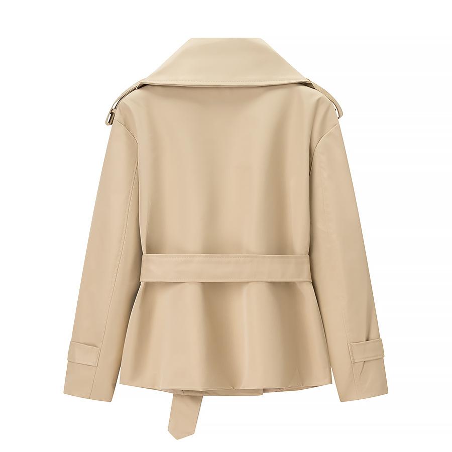 Herbstlicher Cropped Trenchcoat mit Gürtel – Kurze Reißverschlussjacke, Leichte Langarm-Oberbekleidung für Damen