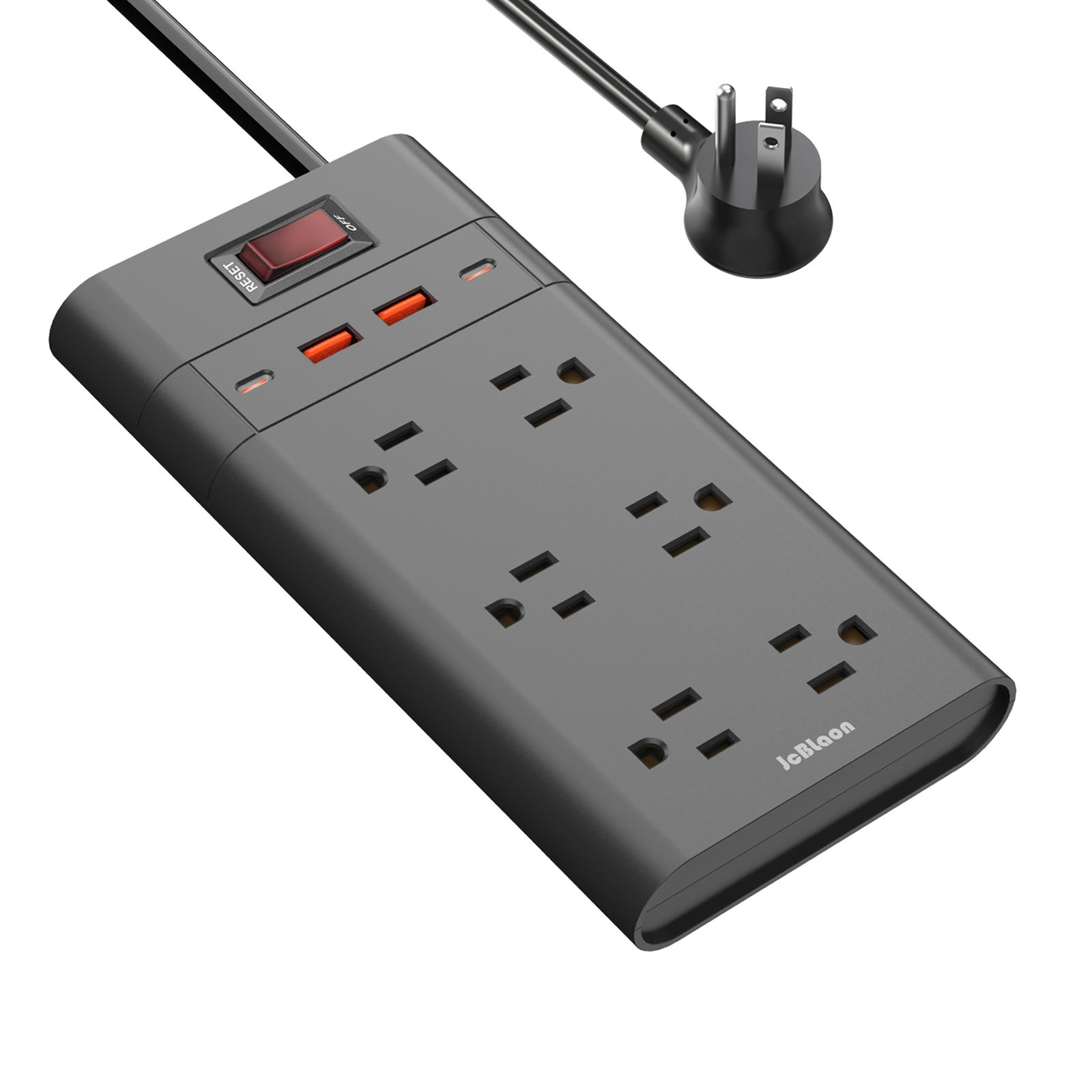 

Мережевий фільтр із 4 USB-портами(2 USB C та 2 USB A), Настінний подовжувач з плоским штекером, 1050 Дж US Plug чорний