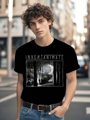 Invent Animate Band Everchanger Album Grafik T-Shirt - Schwarzes Lässiges Rundhals-T-Shirt mit Weißem Waldmond & Sternen-Print