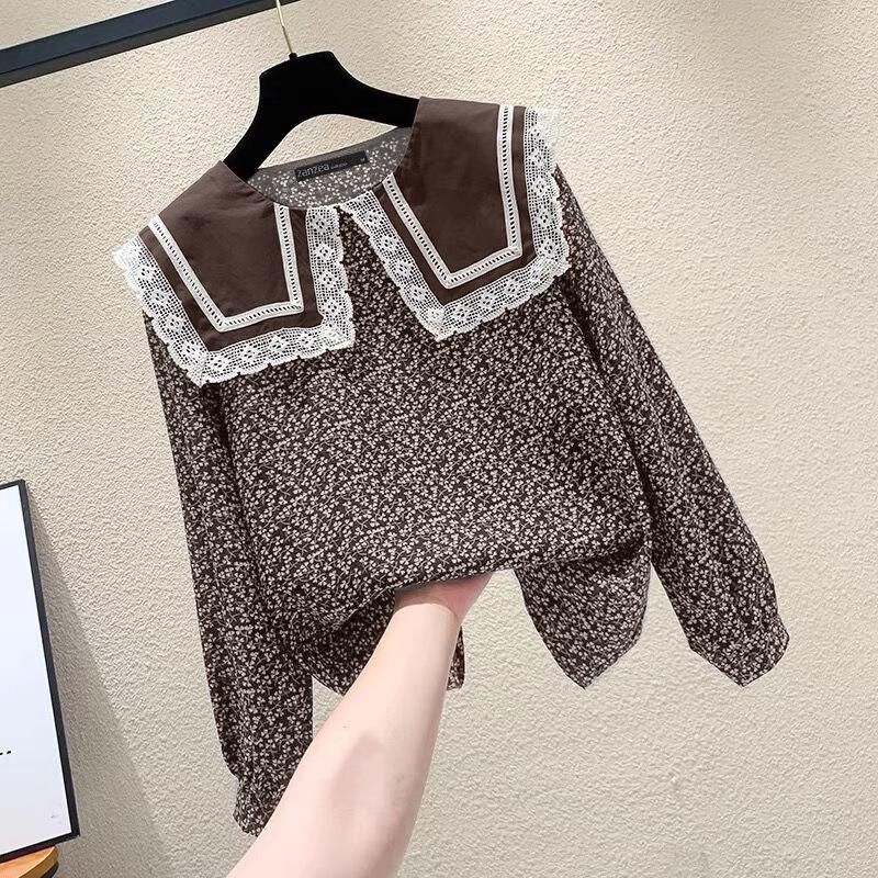 

ZANZEA Женская повседневная блузка с круглым вырезом, длинным рукавом и цветочным принтом S коричневый