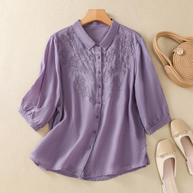Summer Literature Loose Solid Color Heavy Embroidery Flower Short Sleeved Shirt Women's Shirt Top Blouses & Shirts