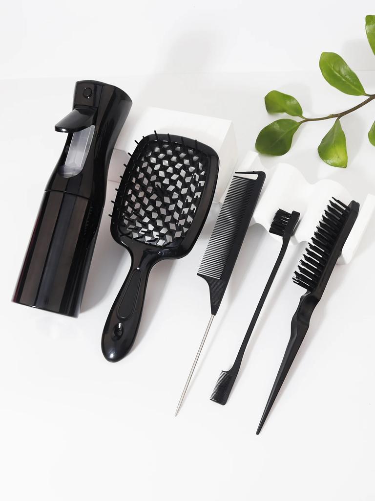 5pcs Hair Tool Set Air Cushion Hollow Comb Scalp Massage Rat Tail Comb Teasing Comb Edge Control Brush Hair Spray Bottle Salon