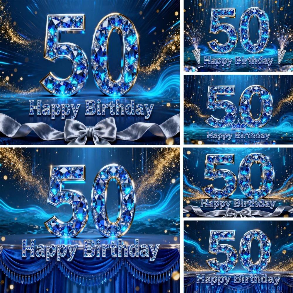 Alles Gute zum 50. Geburtstag mit Fotohintergrund zum Thema Blaue Edelsteine, Geburtstagsparty für Erwachsene, Familienfeier Dekoration Fotohintergrund